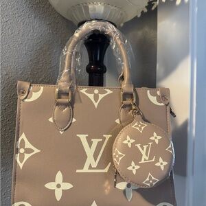 Beige Monogram Tote Bag with crossbody strap